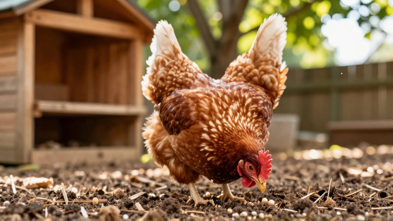 Una gallina sana busca alimento escarbando en la tierra orgánica de un corral exterior junto a un gallinero de madera.