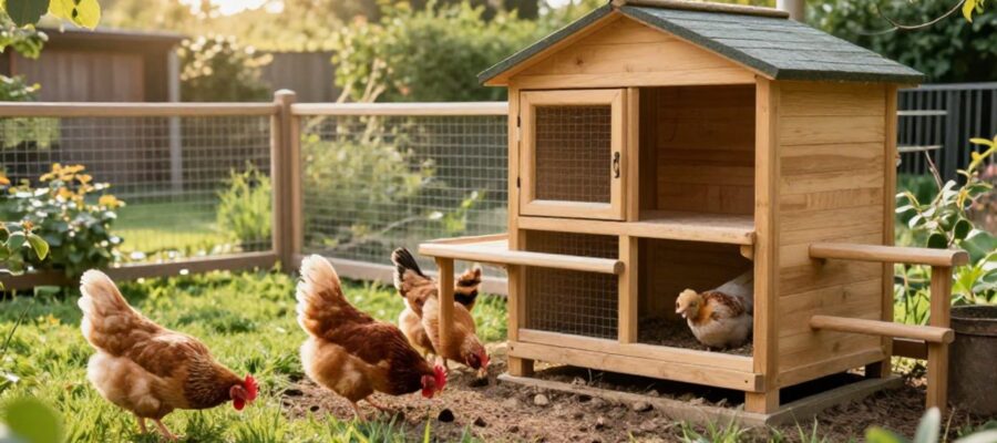 Gallinas de diversos colores forrajean en un jardín soleado junto a un gallinero de madera espacioso y bien protegido.