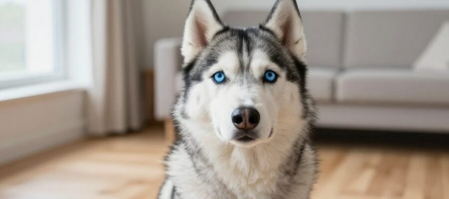 Primer plano de un husky siberiano de ojos azules con expresión tranquila sentado en una sala de estar iluminada.