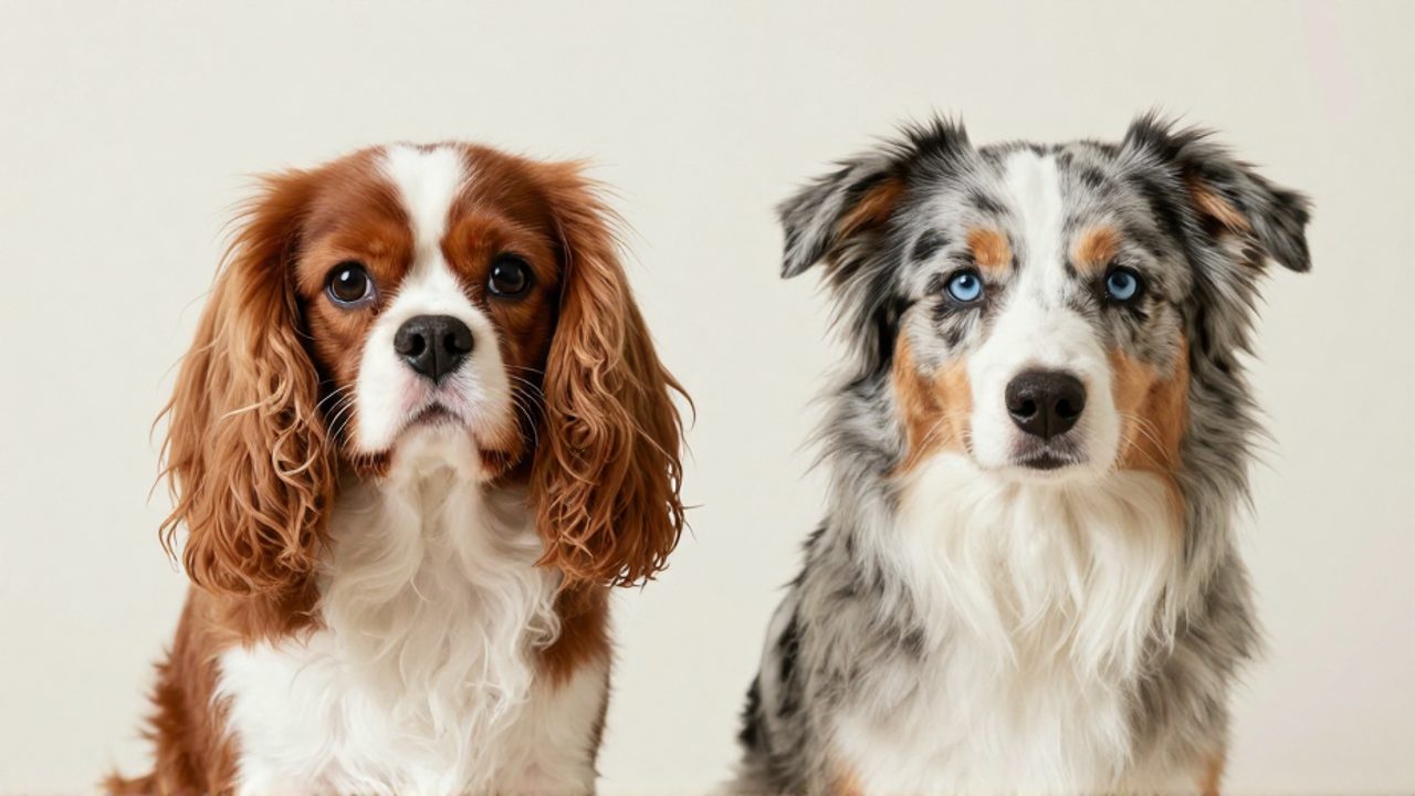 Un Cavalier King Charles Spaniel con manchas rojizas junto a un Pastor Australiano con pelaje moteado azul para contrastar sus patrones de manchas.