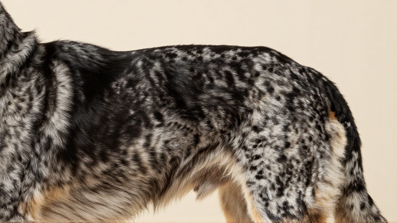 Primer plano del pelaje de un perro donde se aprecia la transición entre una mancha negra sólida, un patrón de moteado fino y una sección de patrón merle.