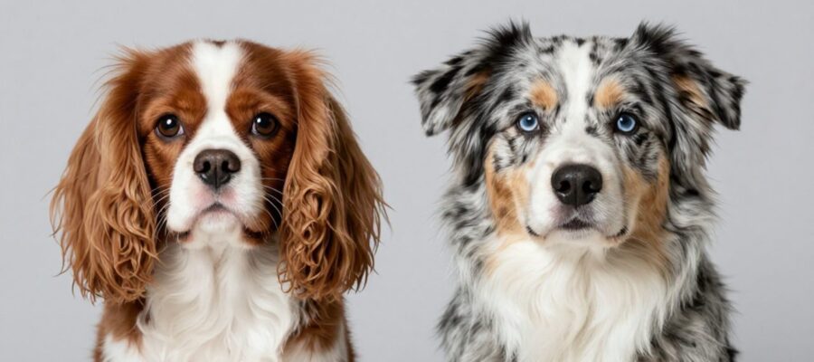 Primer plano de un Cavalier King Charles Spaniel con manchas castañas sobre fondo blanco junto a un Pastor Australiano con patrón merle gris y negro.