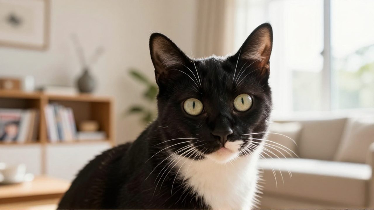 Gato doméstico de mirada curiosa frente a una estantería con mangas de anime en una sala iluminada por el sol.