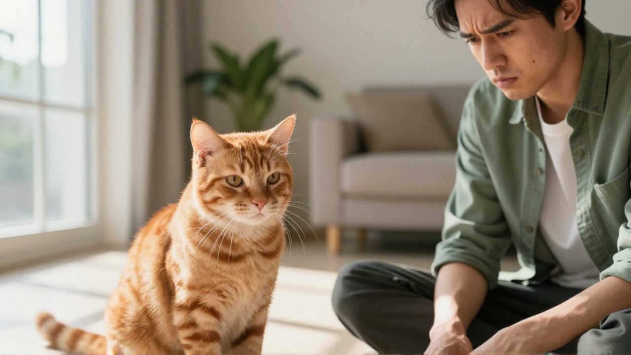 Dueño frustrado en una sala luminosa frente a un gato tabby naranja que lo ignora con indiferencia.