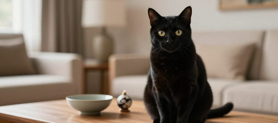 Gato negro de mirada brillante sentado sobre una mesa de madera en una sala de estar acogedora.
