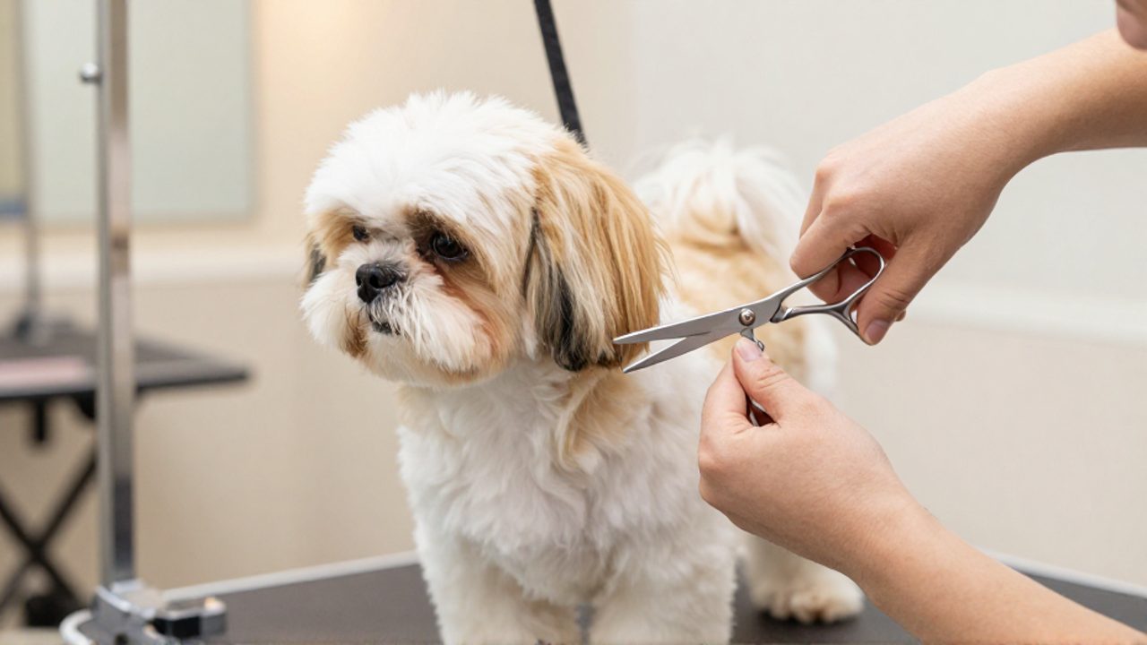Un peluquero profesional recorta con tijeras el pelaje de un Shih Tzu con corte de oso sobre una mesa de estética canina.