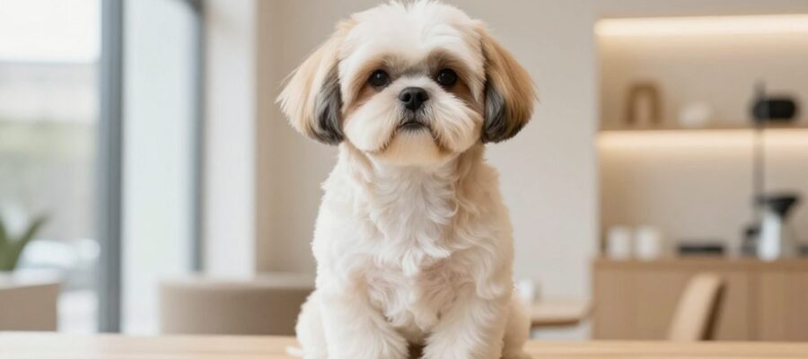 Perro Shih Tzu con corte de pelo estilo "Teddy Bear" sentado en una mesa de madera dentro de una peluquería canina luminosa.
