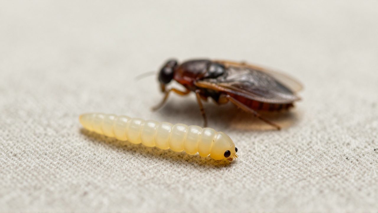 Comparación entre una larva de pulga de cuerpo blanquecino y segmentado junto a una pulga adulta de color marrón oscuro sobre una superficie de tela.