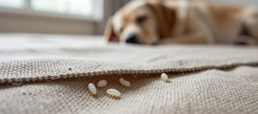 Varias larvas de pulga blancas y translúcidas entre las fibras de la cama de una mascota.