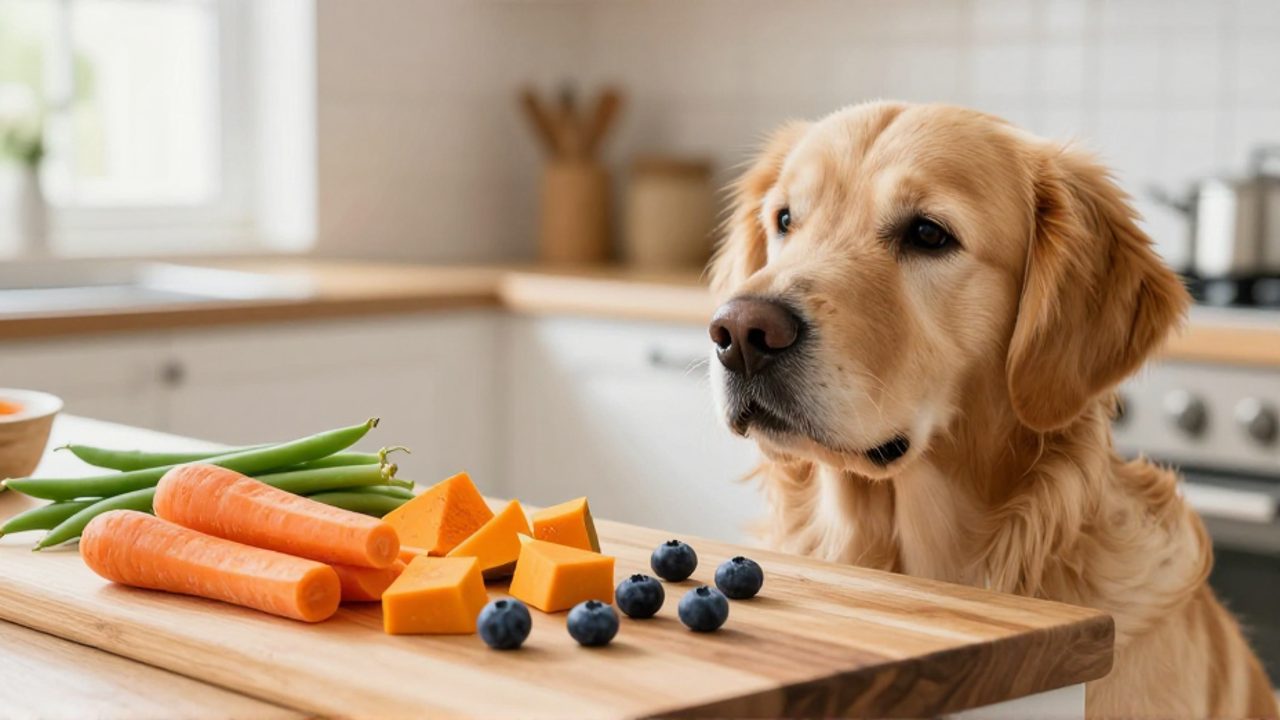 Un perro Golden Retriever observa con curiosidad una variedad de zanahorias, calabaza, judías verdes y arándanos dispuestos sobre una encimera de madera.