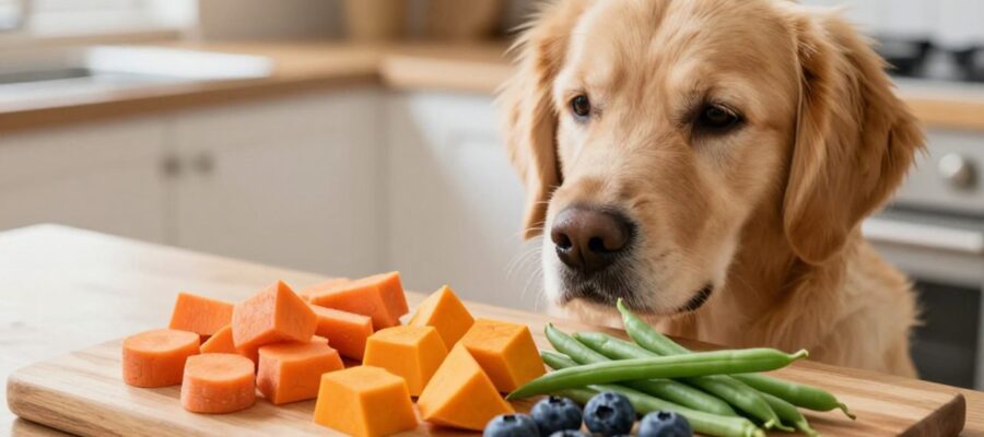 Un perro golden retriever observa con curiosidad trozos de zanahoria, calabaza, judías verdes y arándanos dispuestos sobre una mesa de madera.