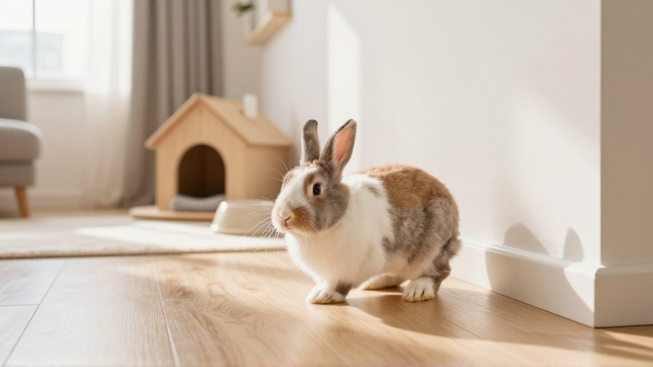 Un conejo enano de raza Netherland Dwarf salta por el suelo de madera de una sala de estar luminosa y espaciosa.