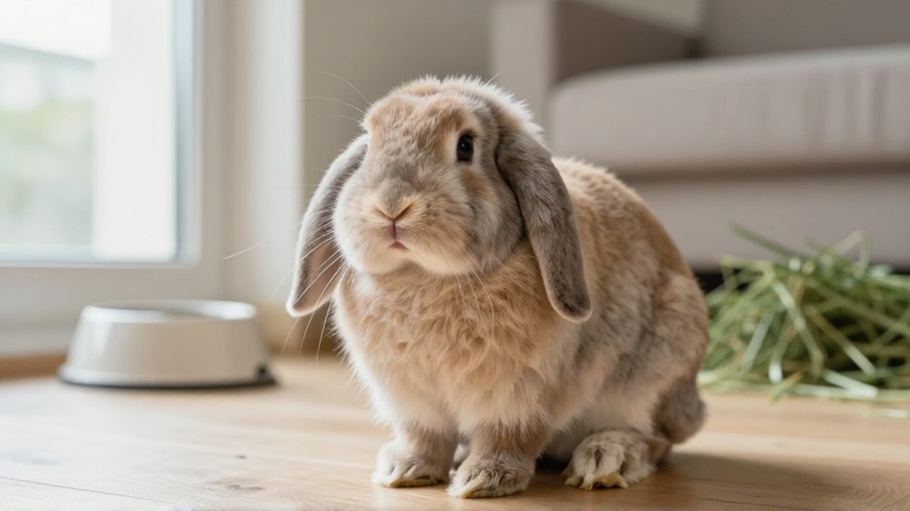 Conejo de raza Holland Lop con pelaje cuidado, sentado en un suelo de madera junto a un cuenco de agua y heno fresco en un ambiente doméstico luminoso.