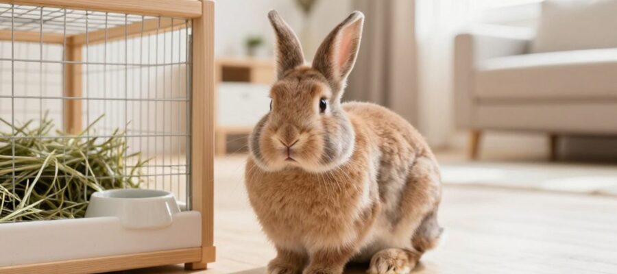 Conejo de raza Holland Lop con pelaje marrón sentado junto a su recinto y heno en una sala de estar luminosa.