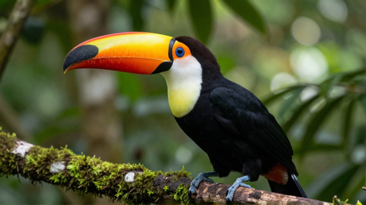 Tucán toco posado de perfil sobre una rama con musgo en una selva tropical.