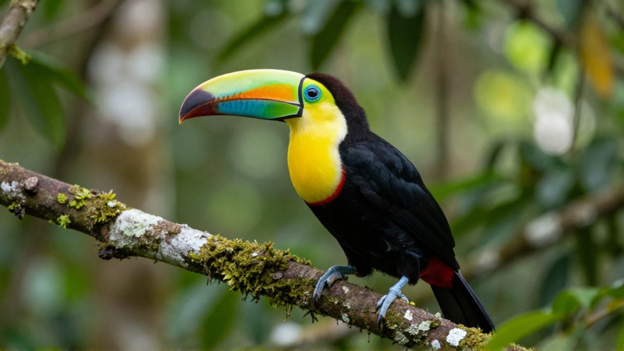 Tucán pico de arcoíris posado en una rama con musgo dentro de una selva tropical densa.