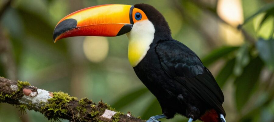 Primer plano de perfil de un tucán toco posado en una rama con musgo en medio de una selva tropical.