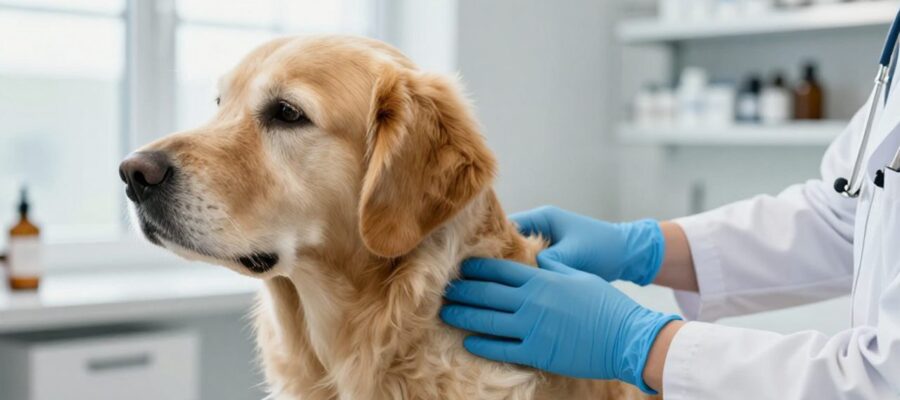 Un veterinario con guantes azules realiza un examen médico en la parte trasera de un perro Golden Retriever en una clínica.