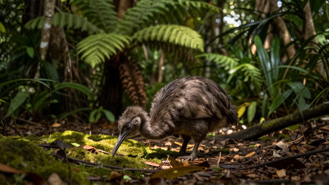 Un dodo busca alimento entre la vegetación tropical de una selva densa en la isla de Mauricio.