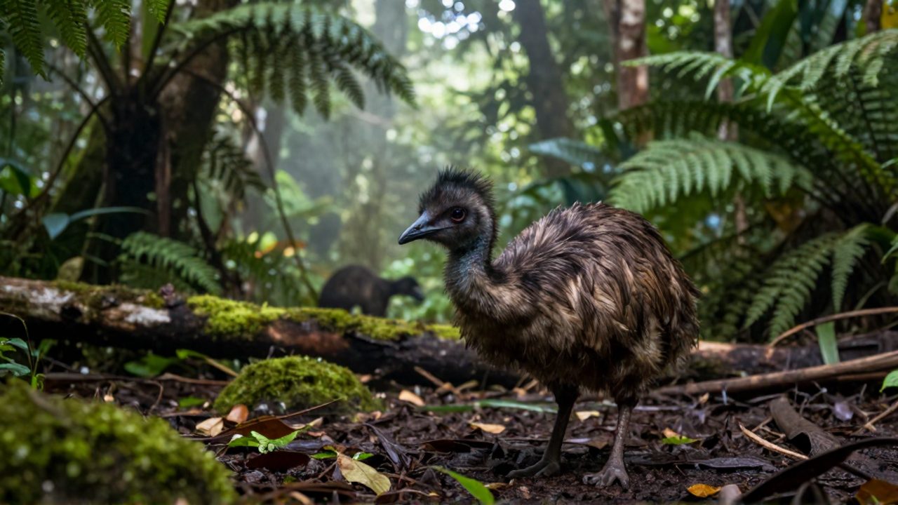 Un dodo busca alimento en el suelo de una selva tropical densa y húmeda bajo la luz filtrada de los árboles.