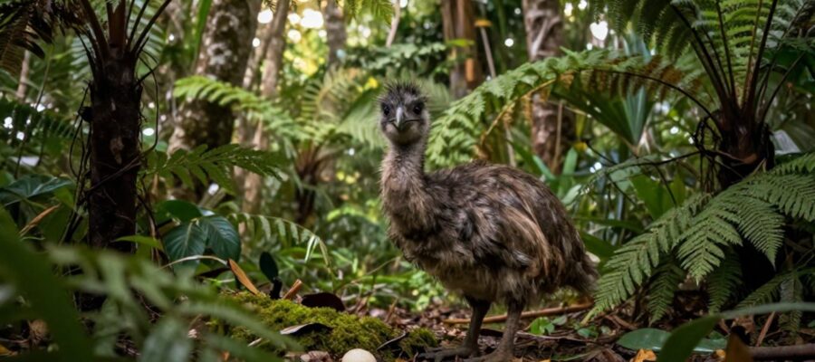 Un dodo de plumaje marrón se encuentra alerta en un denso bosque tropical de Mauricio junto a un huevo expuesto sobre el suelo cubierto de musgo.