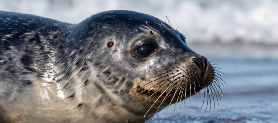 Primer plano de la cabeza de una foca emergiendo del agua, resaltando sus largos bigotes húmedos y la textura densa de su pelaje.