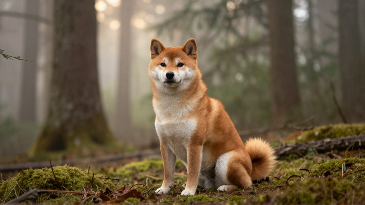 Un perro Shiba Inu de pelaje naranja y blanco sentado en un bosque con niebla, cuya apariencia recuerda a la de un zorro.