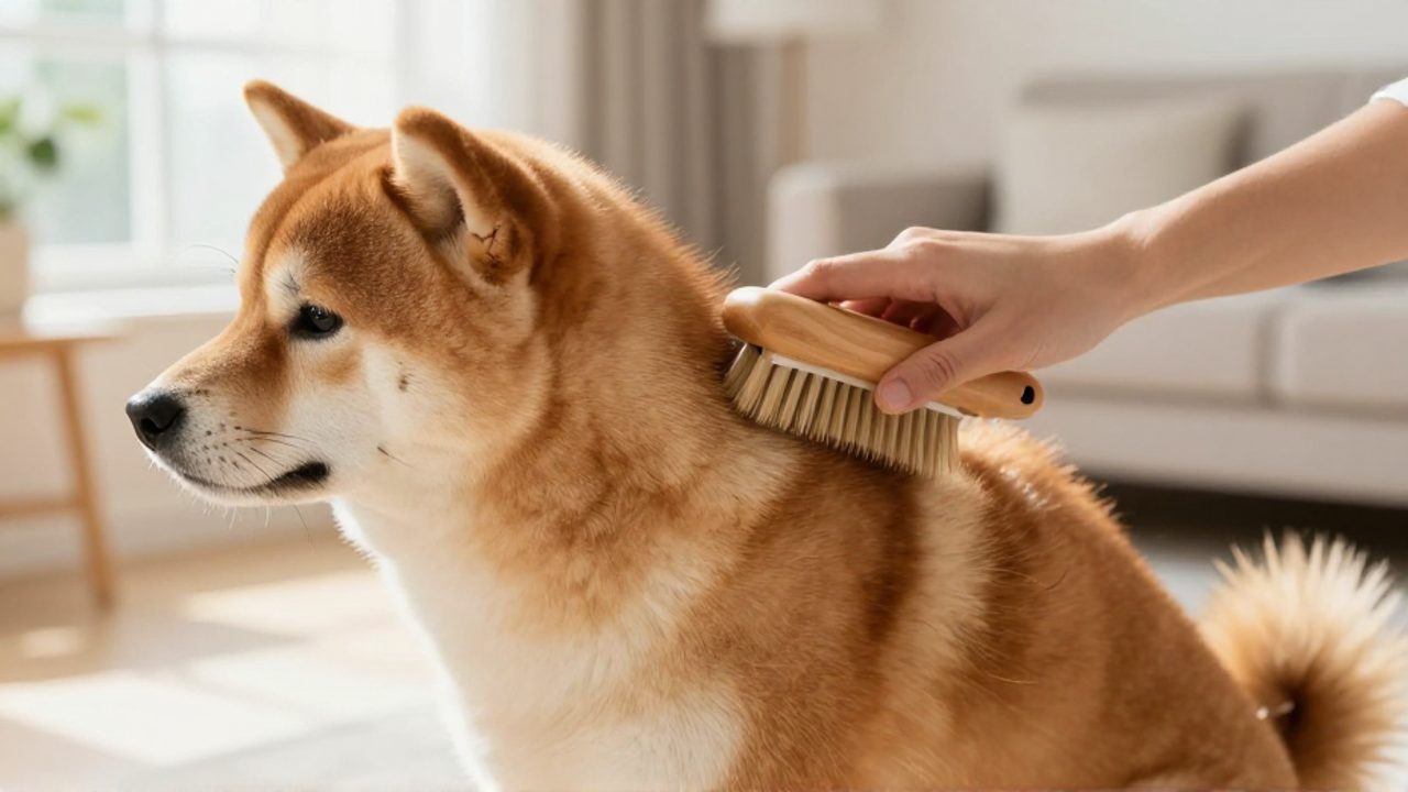 Unas manos cepillan con suavidad el denso pelaje naranja de un perro Shiba Inu.