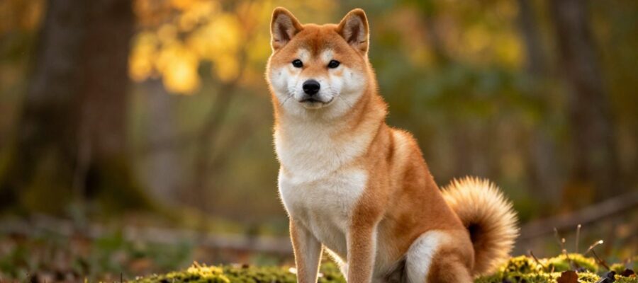 Perro Shiba Inu de pelaje rojizo y blanco sentado sobre un suelo de musgo en un bosque iluminado por la luz del atardecer.
