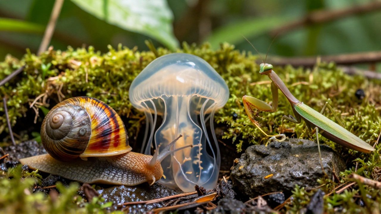 Diversidad de invertebrados como un caracol, una anémona y una mantis religiosa sobre un suelo de bosque con musgo.