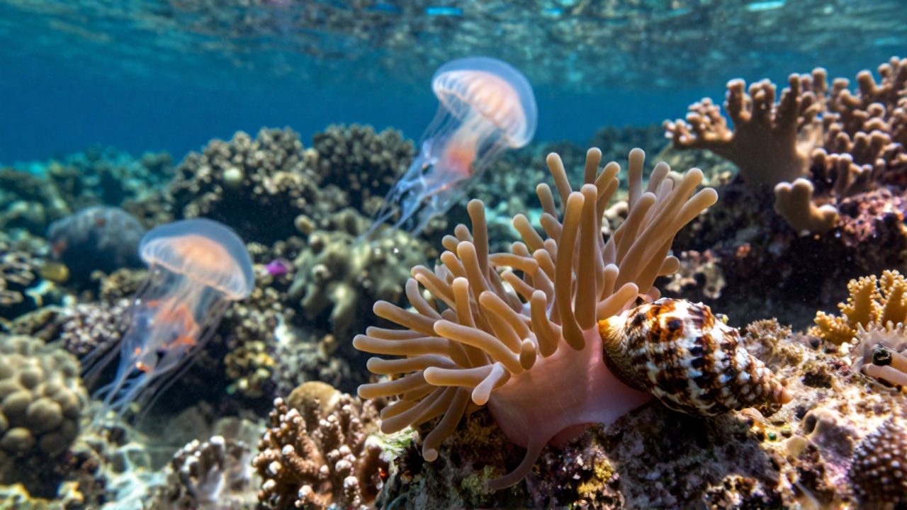 Una anémona y un caracol marino en el fondo de un arrecife de coral con medusas flotando en el agua.