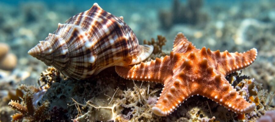 Caracol marino de concha espiral y una estrella de mar reposan sobre un arrecife de coral.