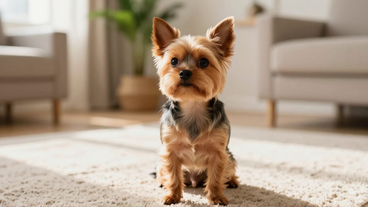 Un perro Chorkie de pelaje negro y canela con orejas erguidas mira con curiosidad en una sala luminosa.