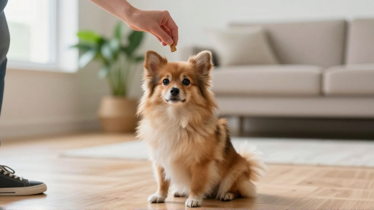 Perro chorkie sentado con atención mientras una persona le ofrece un premio para su entrenamiento en una sala luminosa.
