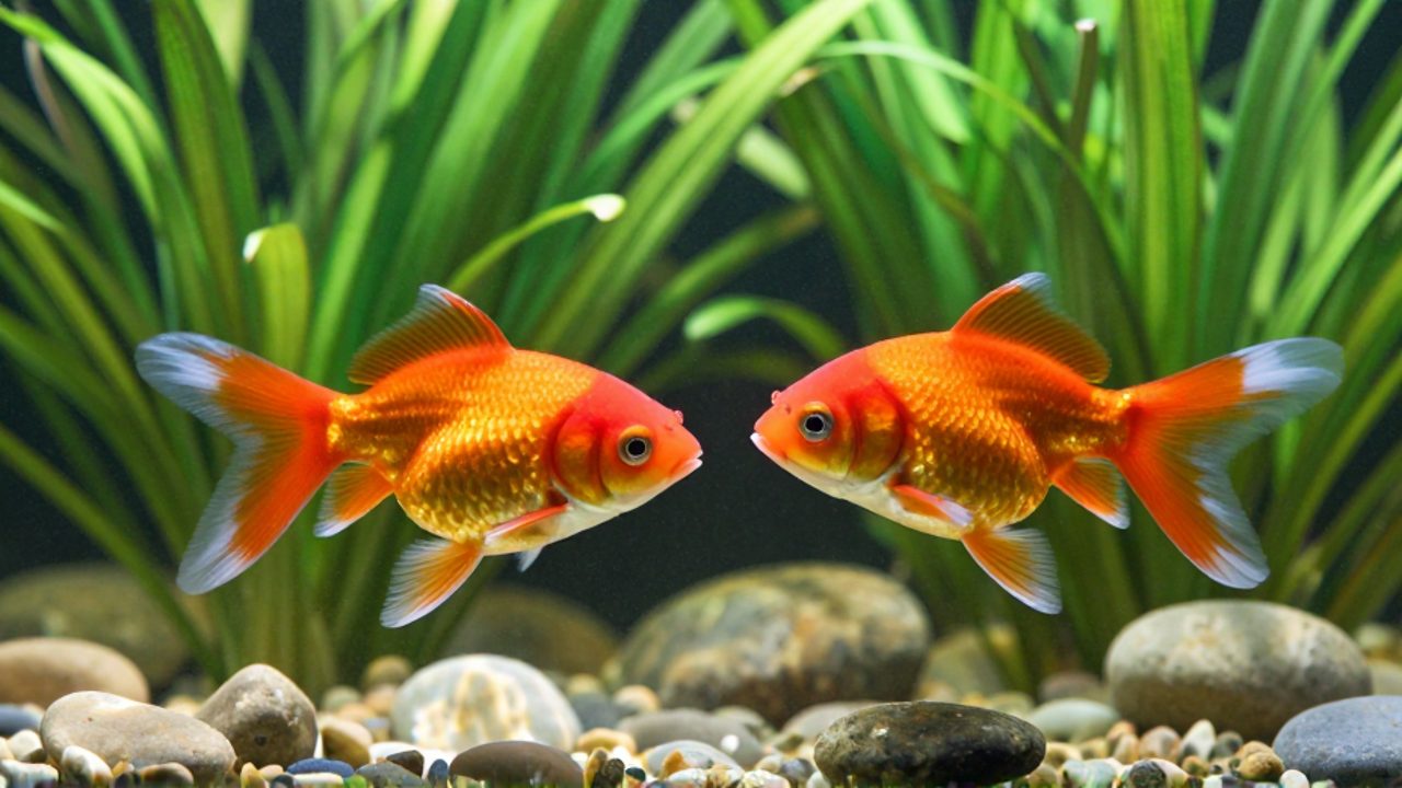 Dos peces goldfish, uno naranja y otro calicó, nadan juntos en un acuario con plantas naturales y piedras.