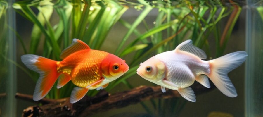 Dos peces goldfish Oranda, uno naranja y otro blanco, nadan tranquilamente entre plantas acuáticas en un acuario limpio.