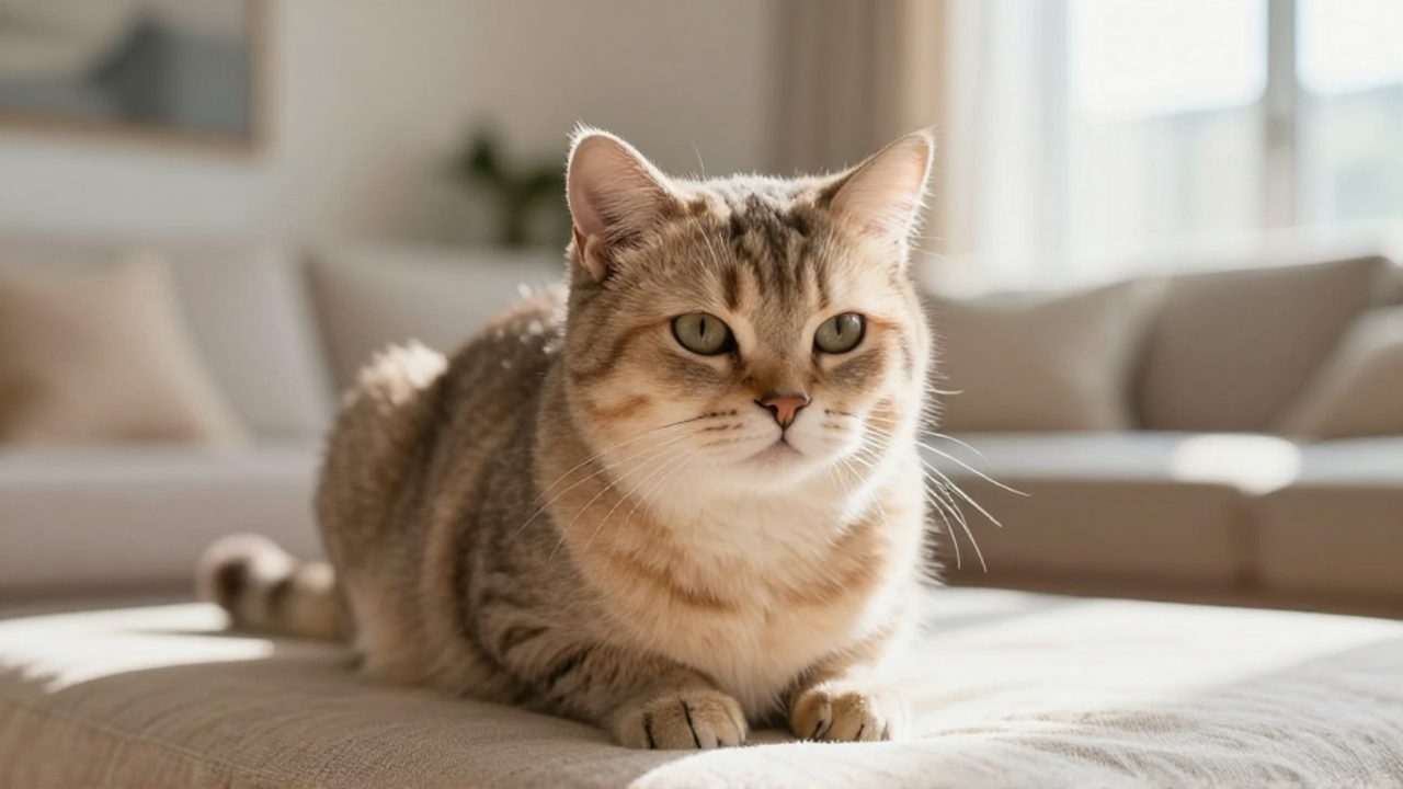 Gato doméstico con expresión serena sentado en una sala iluminada por la luz natural.
