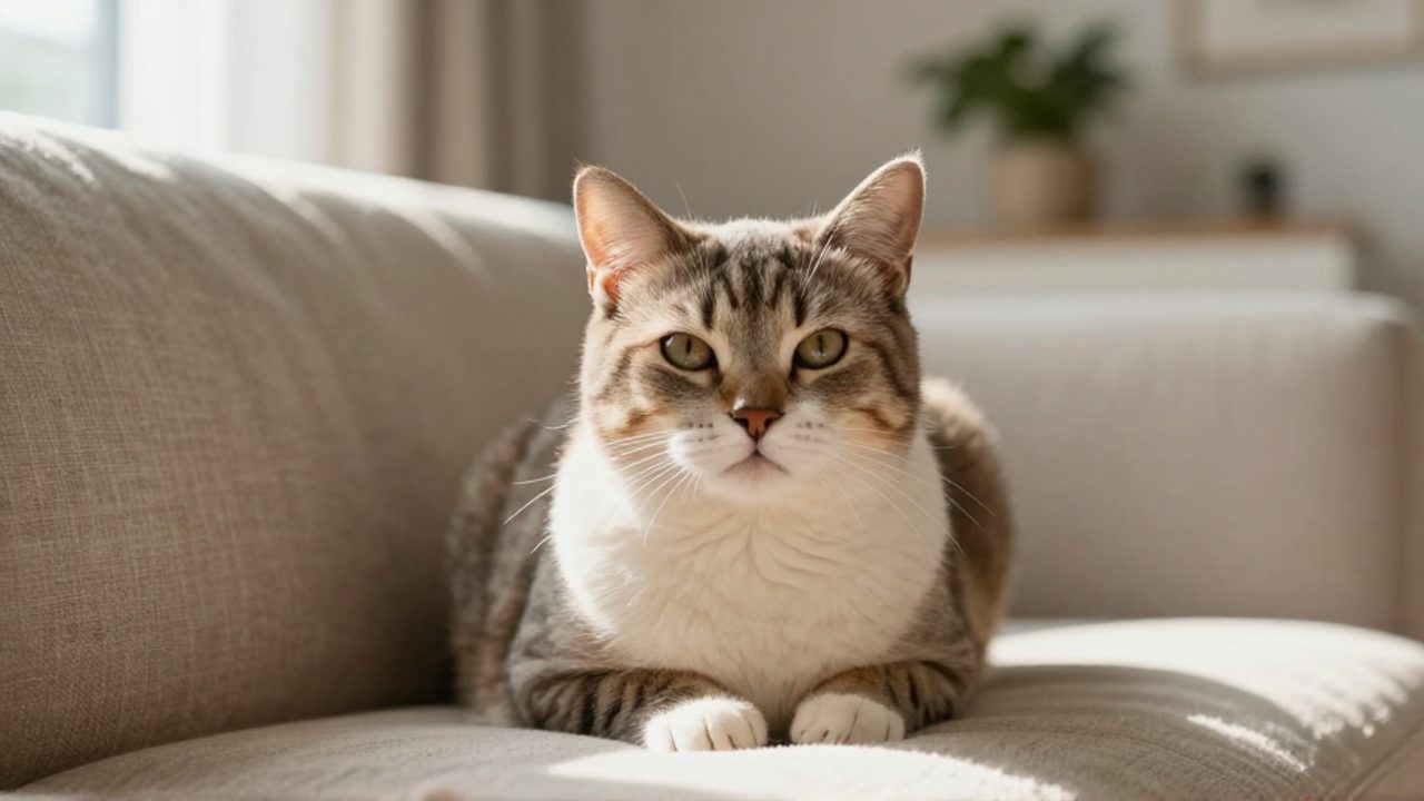 Gato doméstico sentado de forma tranquila sobre un sofá en una sala de estar iluminada por el sol.