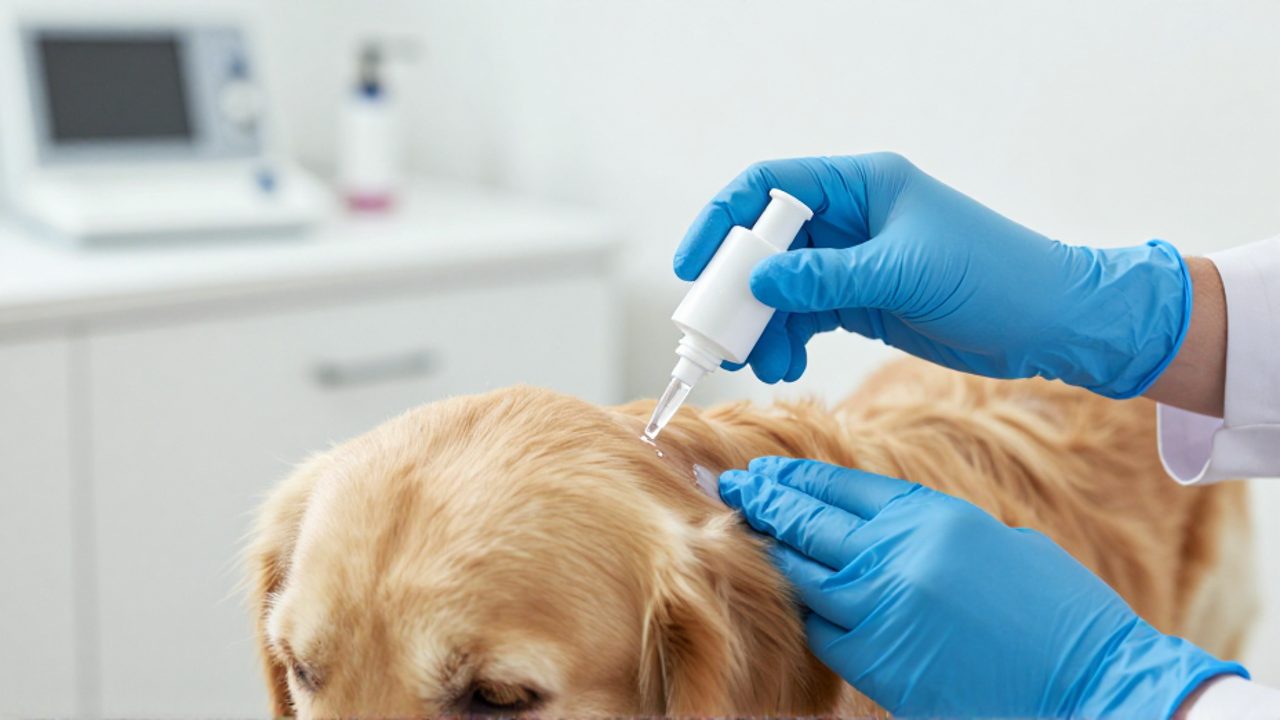 Un veterinario con guantes azules aplica una solución medicinal sobre la piel de un perro Golden Retriever en una clínica.