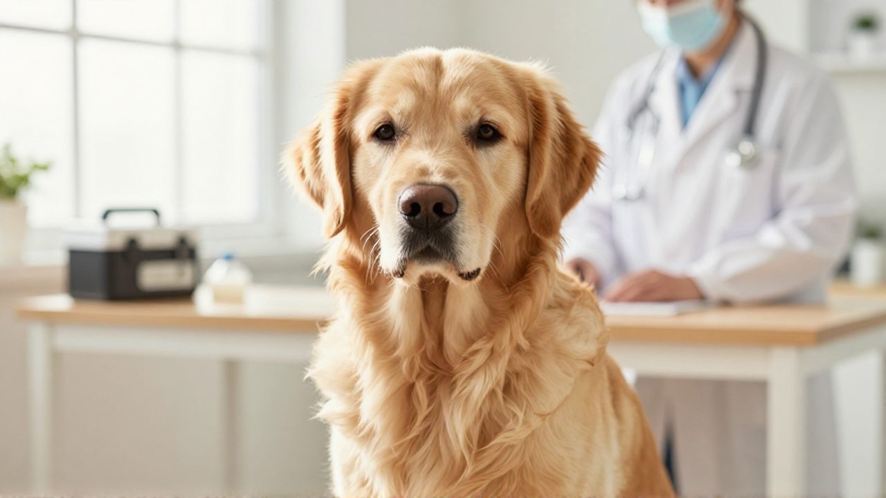 Un Golden Retriever con pelaje sano y brillante sentado tranquilamente en una clínica veterinaria iluminada.