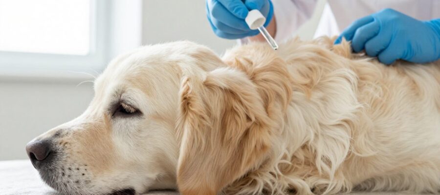Un veterinario con guantes azules aplica un tratamiento tópico sobre el pelaje de un perro golden retriever en una clínica.