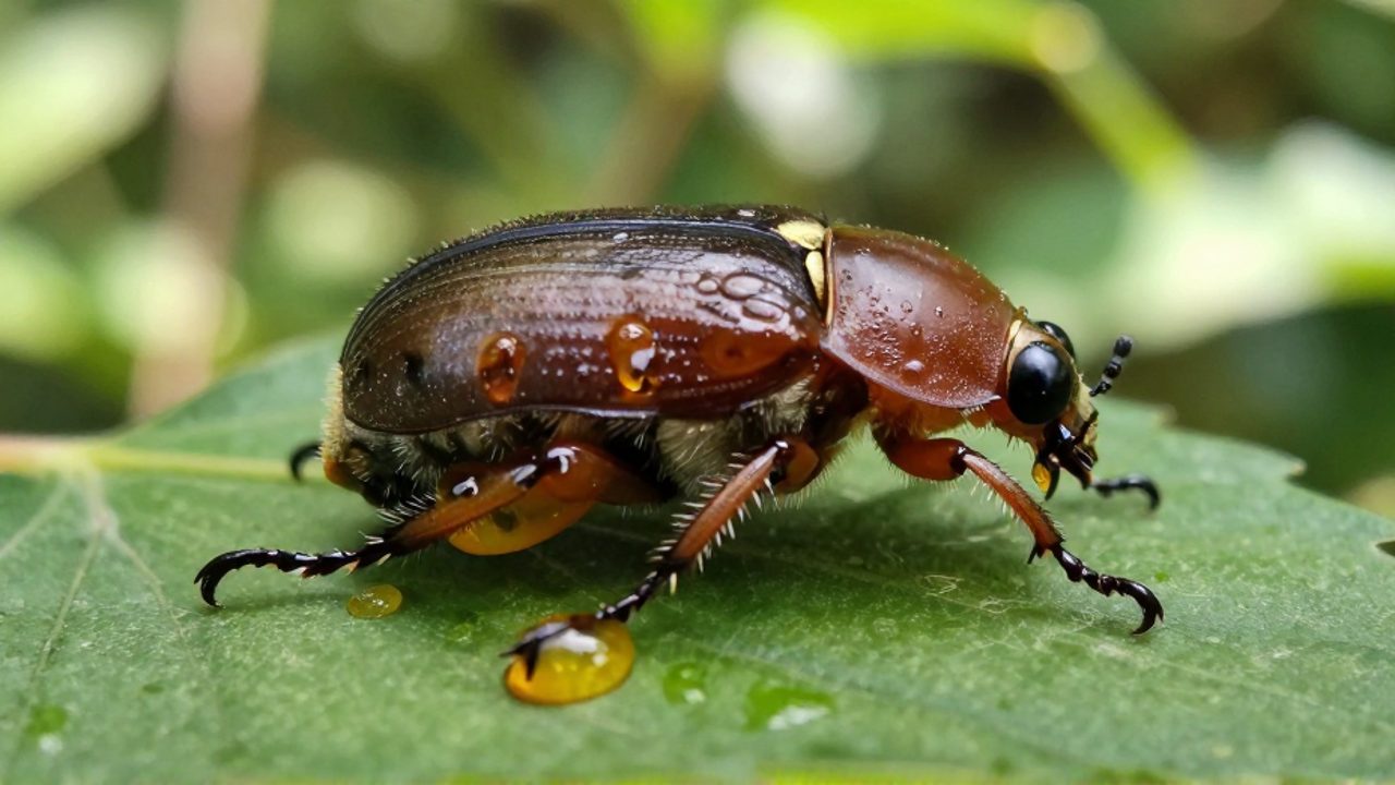 Gotas de hemolinfa de color ámbar emergen del cuerpo de un escarabajo de meloidae mientras descansa sobre una hoja verde.