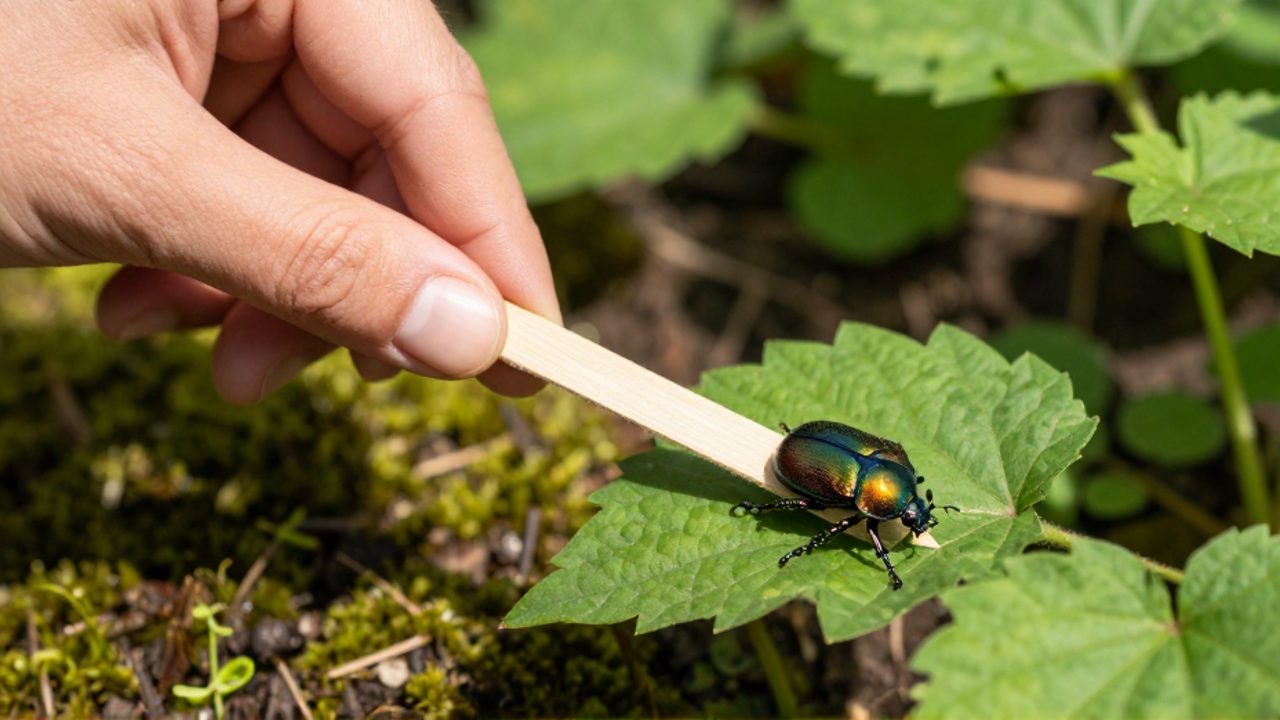 Una persona utiliza un pequeño palo de madera para desplazar un escarabajo de blíster lejos de una hoja verde sin tocarlo.