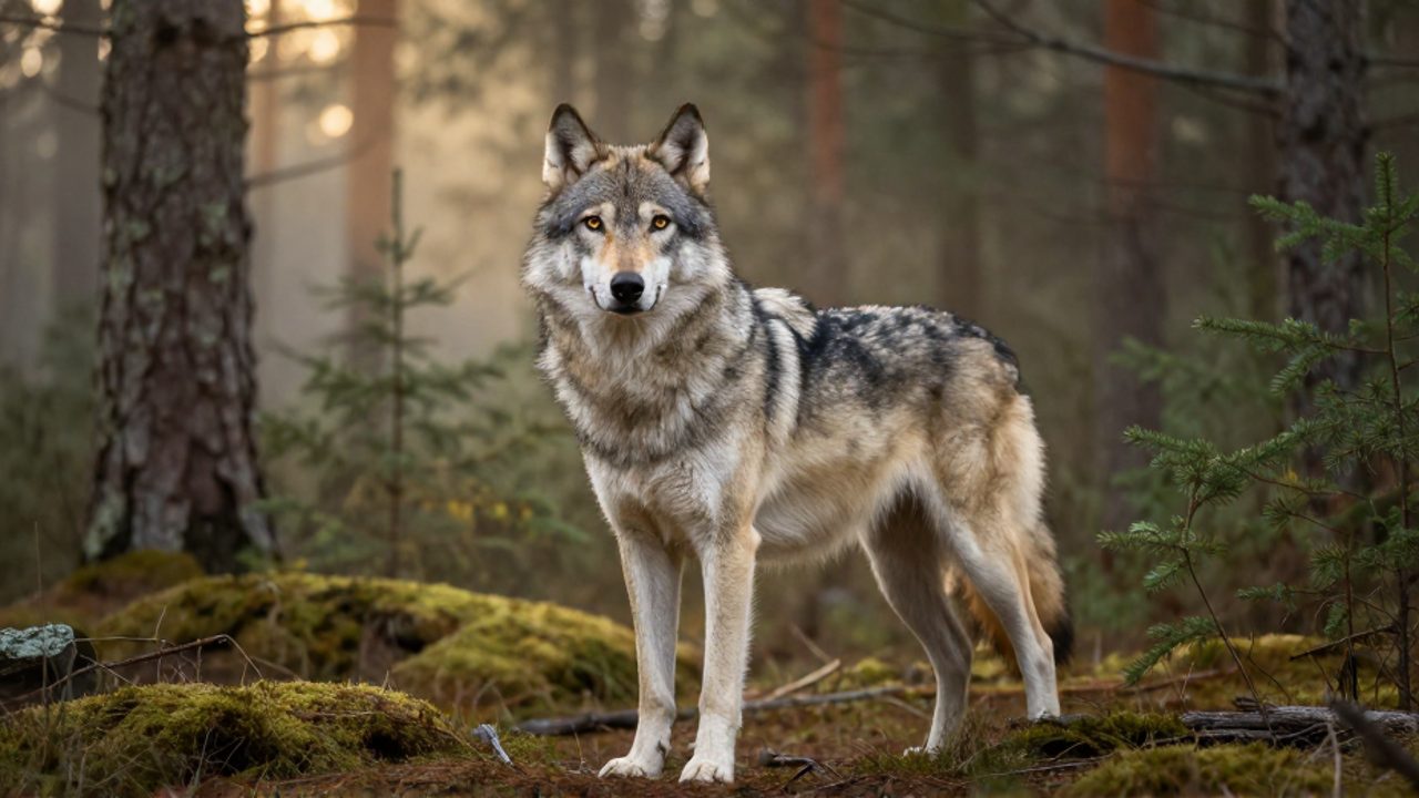 Perro de raza perro de lobo checoslovaco con pelaje gris y ojos ámbar posando alerta en un bosque neblinoso.
