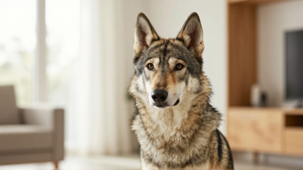 Perro de raza perro lobo checoslovaco con pelaje gris y canela sentado en una sala de estar iluminada.