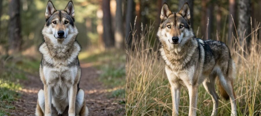 Comparativa entre un perro de raza checoslovaco y un híbrido de lobo, mostrando las diferencias en su complexión y expresión facial en un entorno de bosque.