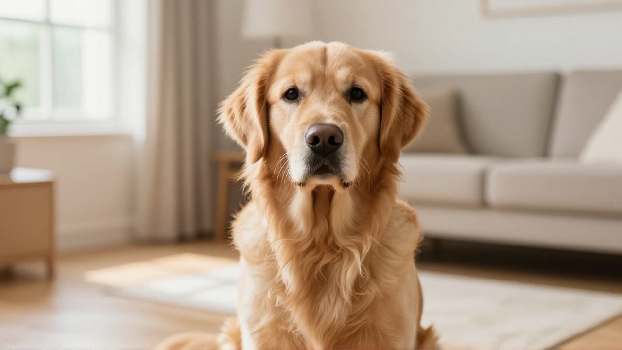 Un perro Golden Retriever con expresión alerta y atenta sentado en una sala de estar iluminada.