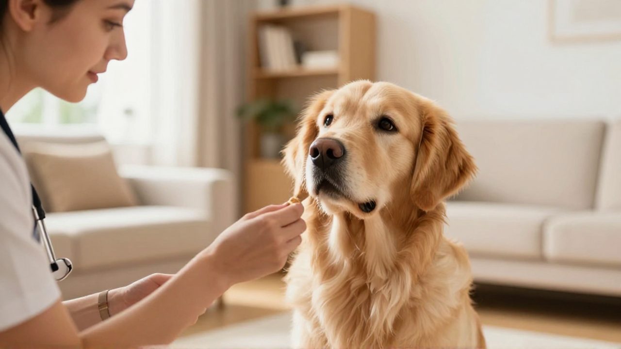 Un entrenador sostiene un premio mientras un golden retriever lo observa atento durante una sesión de entrenamiento en una sala luminosa.