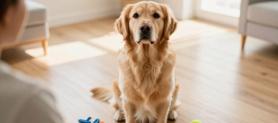 Un Golden Retriever sentado con atención en una sala iluminada junto a un clicker de adiestramiento y una pelota de tenis.
