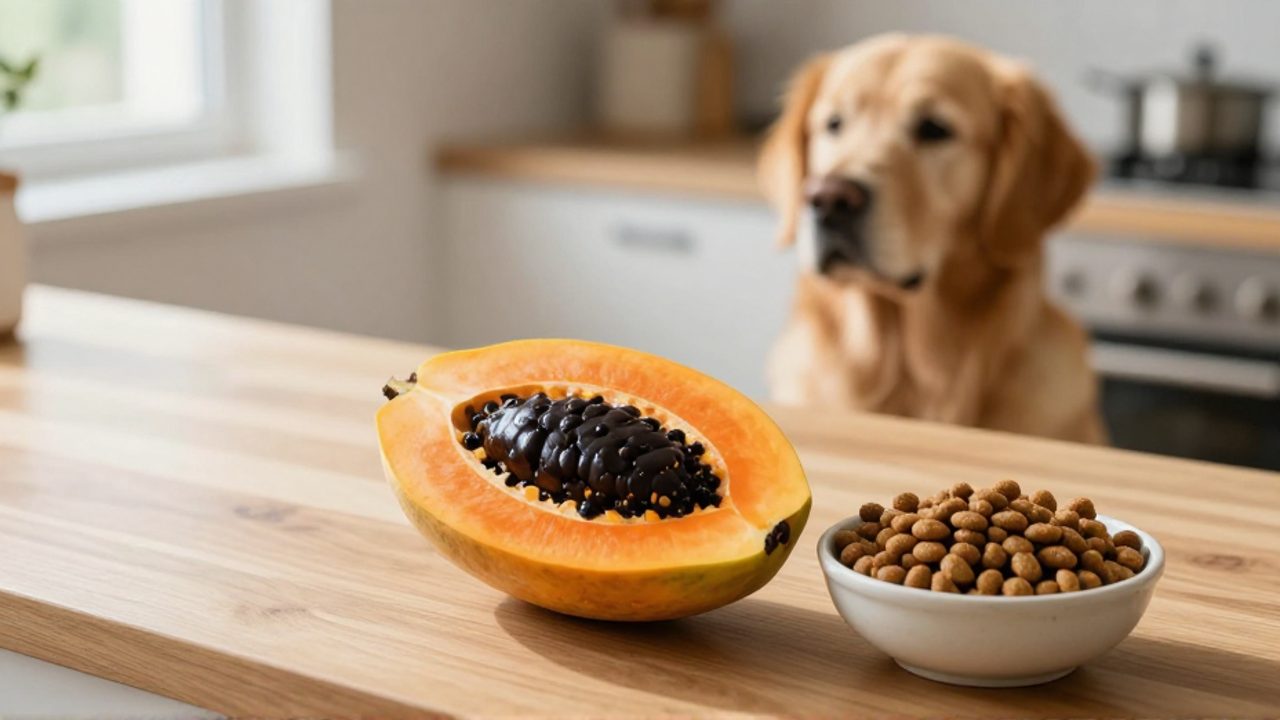 Mamey cortado por la mitad sobre una encimera de madera junto a un cuenco de pienso, con un perro golden retriever observando al fondo.